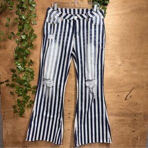 Striped Blue and White Distressed Flare Jeans